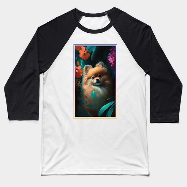 Pomeranian Dog Vibrant Tropical Flower Tall Digital Oil Painting Portrait 2 Baseball T-Shirt by ArtHouseFlunky